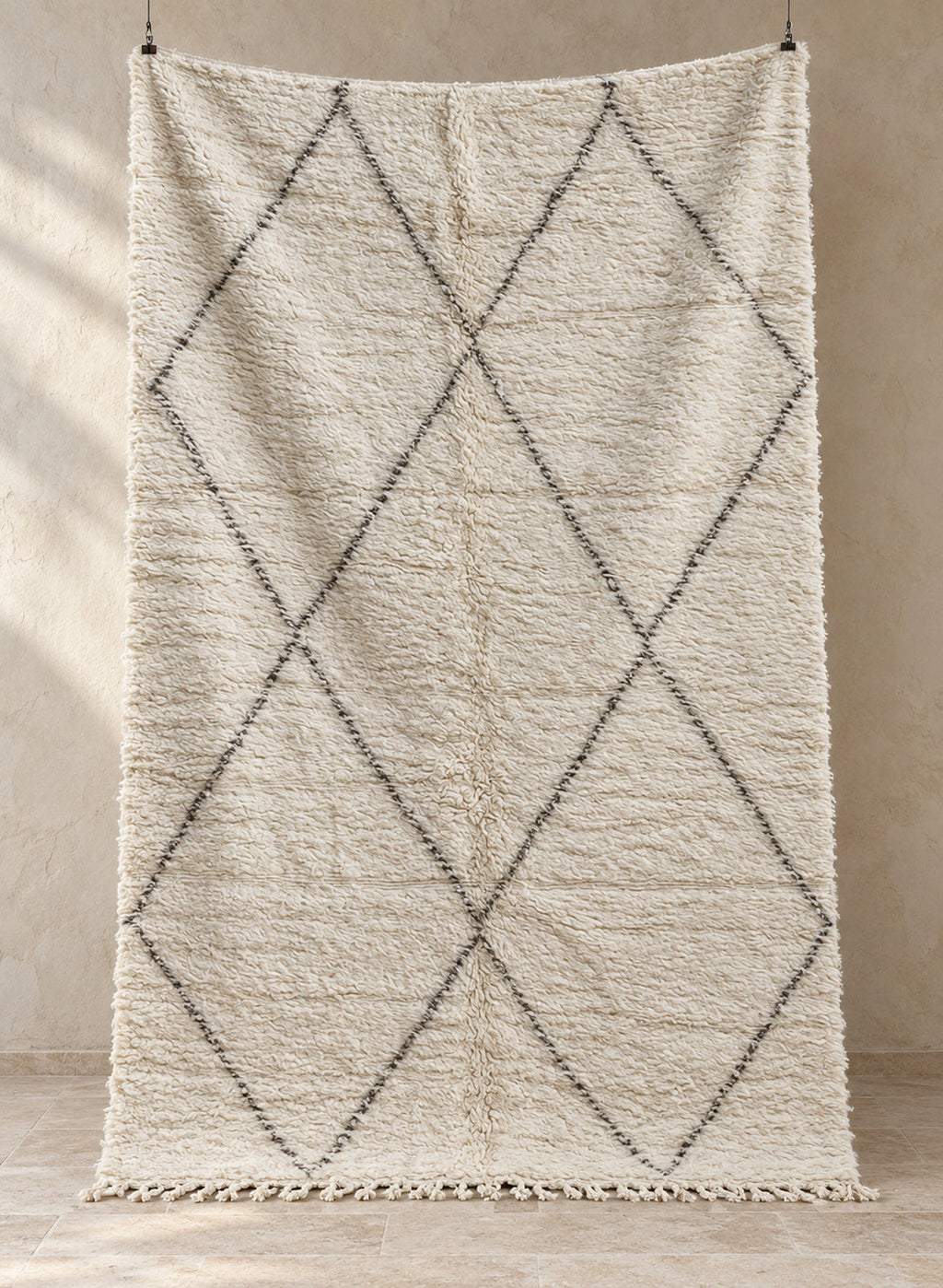 Handmade ivory Beni Ourain rug with black diamond pattern, full view