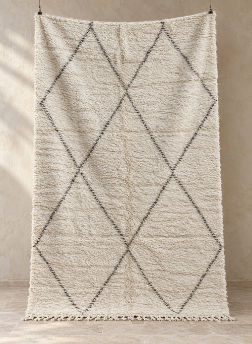 Handmade ivory Beni Ourain rug with black diamond pattern, full view