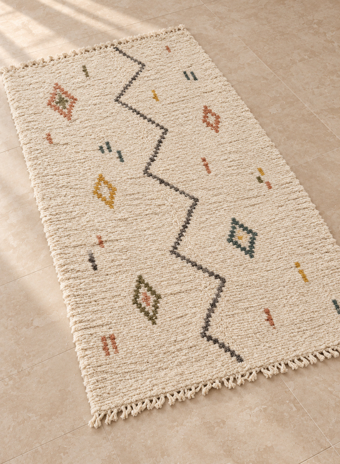 Azilal rug laid on the floor, seen from above