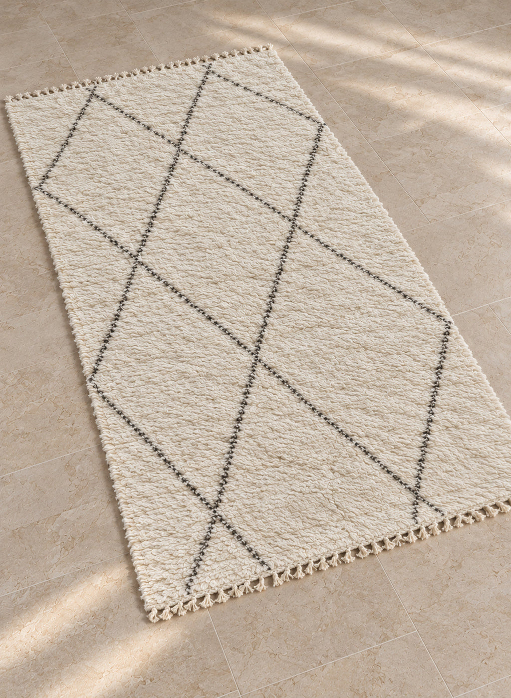 Ivory Beni Ourain rug with black diamonds seen from above