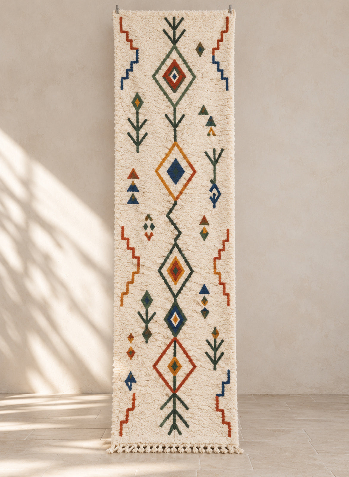 Ivory Azilal runner with colorful tree symbols