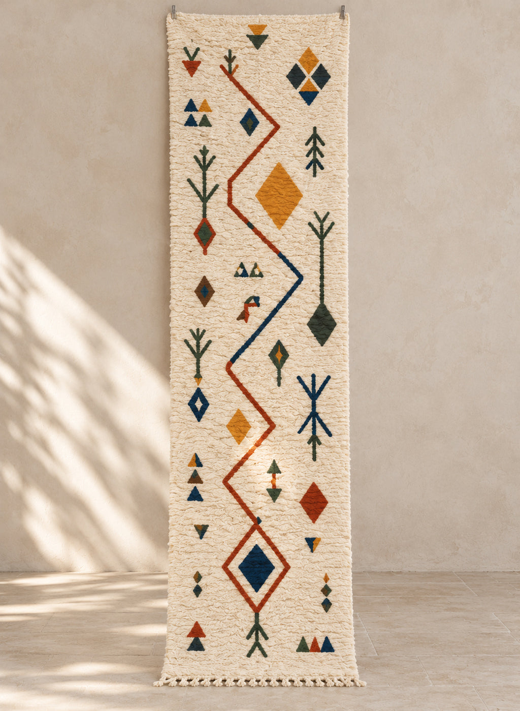 Ivory Azilal runner with a red zigzag and a mustard diamond