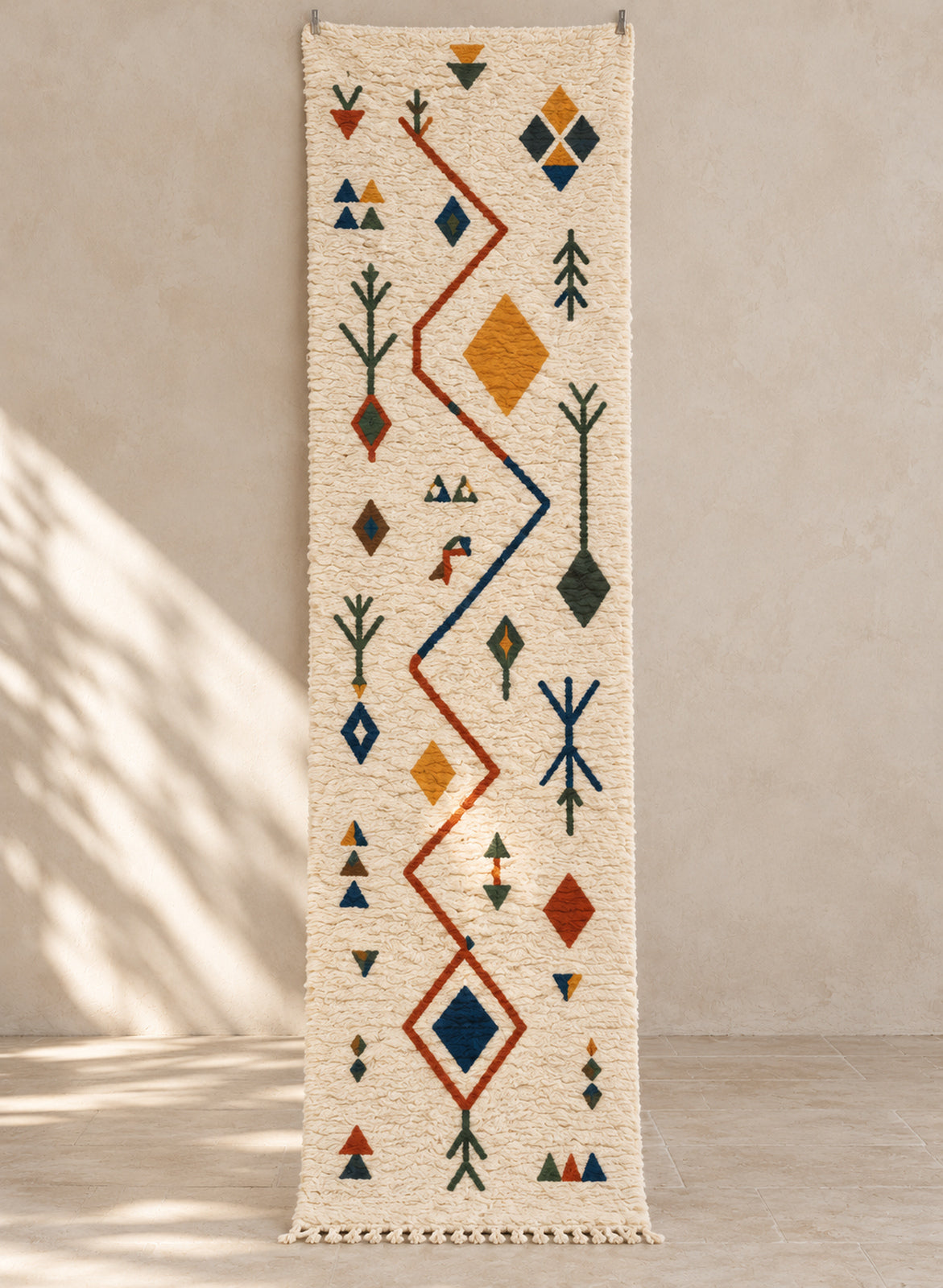 Ivory Azilal runner with a red zigzag and a mustard diamond