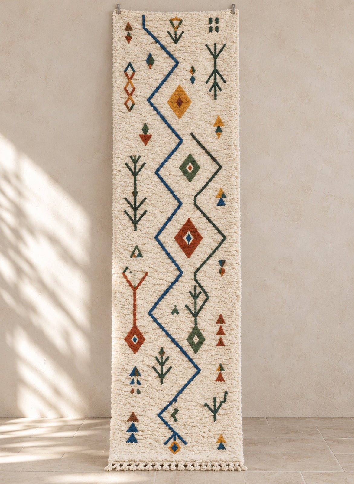 Ivory Azilal runner with a blue zigzag and diamonds