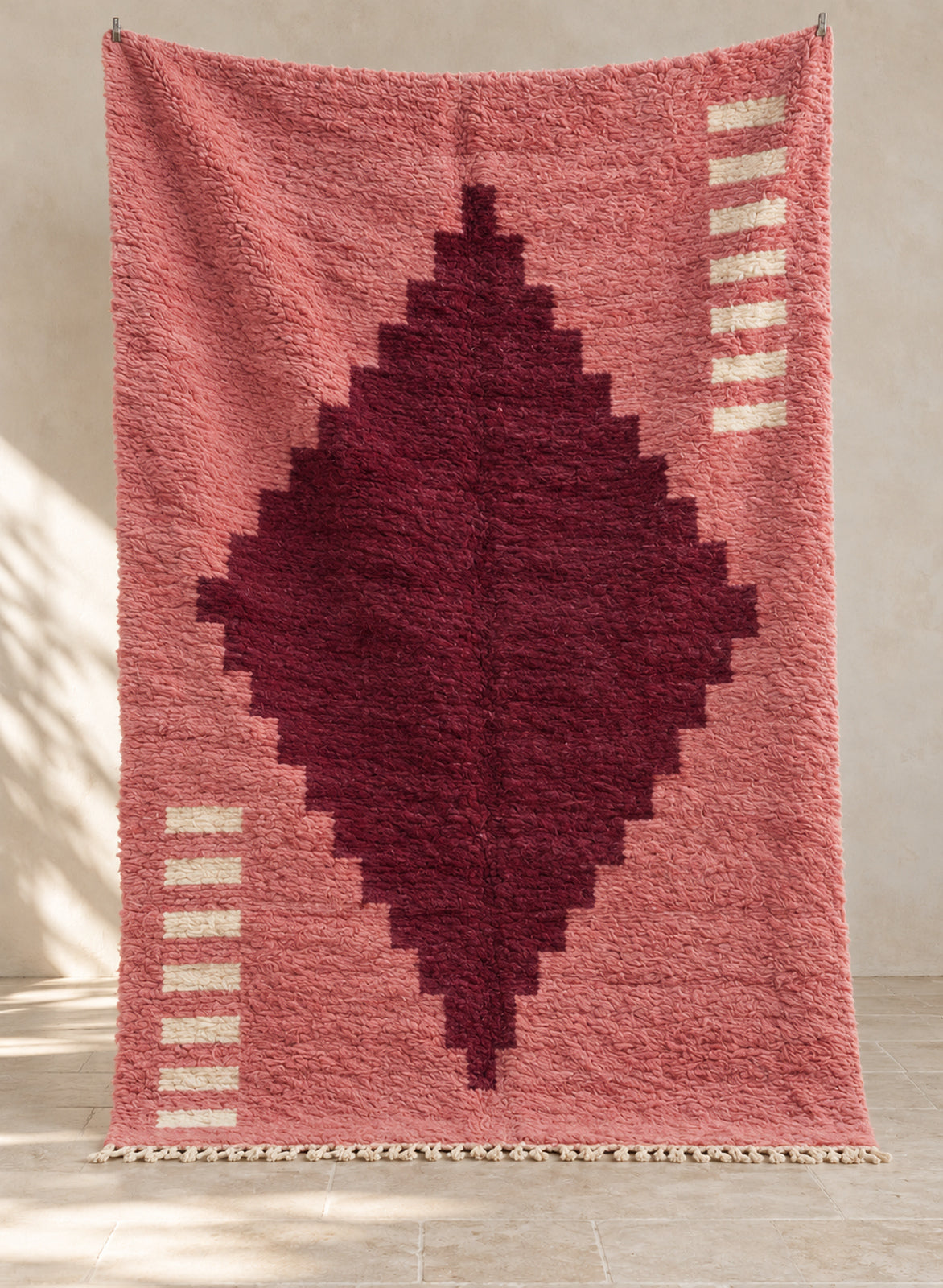 Rose Boujaad rug with a large burgundy diamond, full view