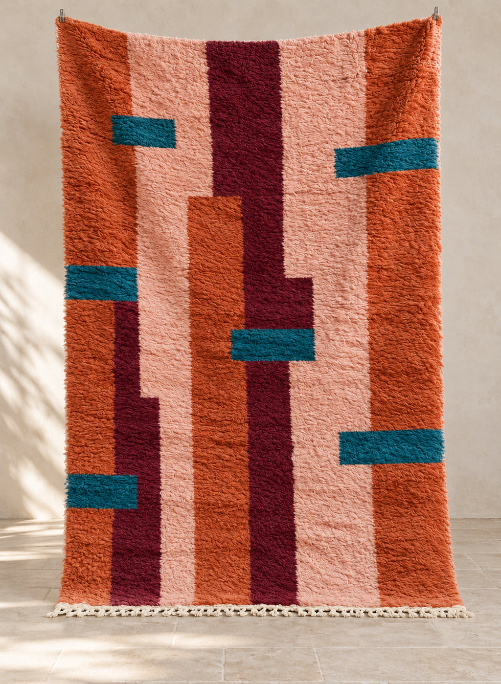 Terracotta Boujaad rug with vertical bands and teal accents, full view