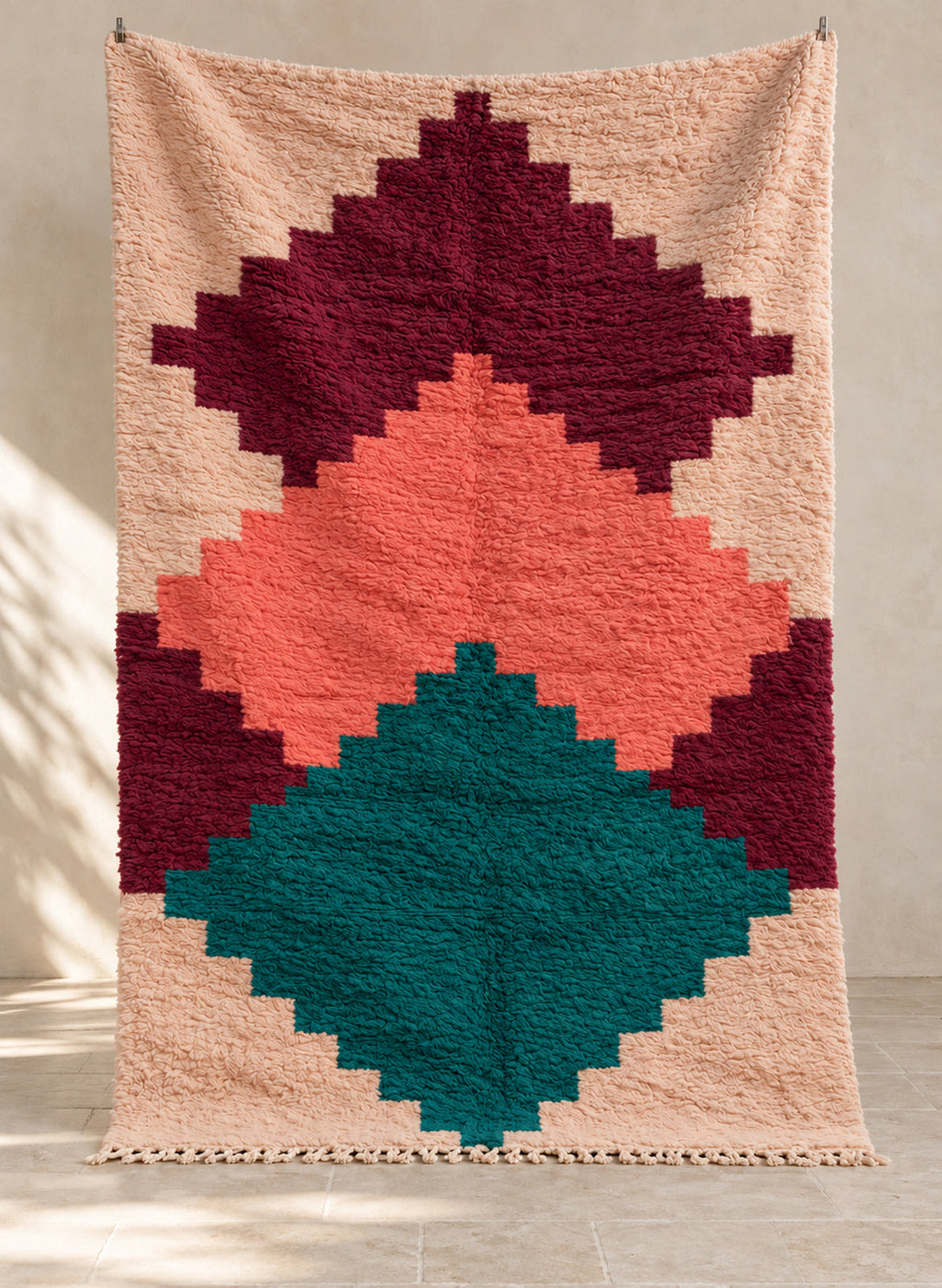 Peach Boujaad rug with stacked diamonds, full view