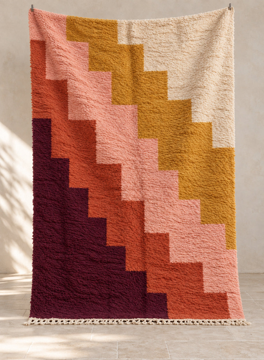 Burgundy and mustard Boujaad rug with a diagonal staircase, full view