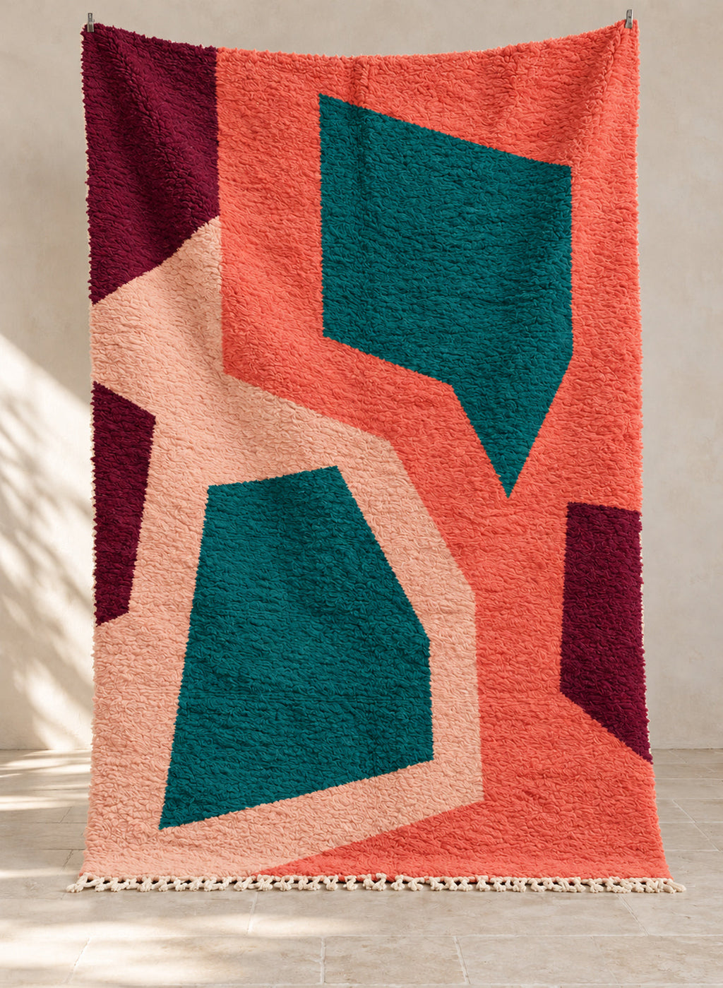 Coral Boujaad rug with angular teal shapes, full view