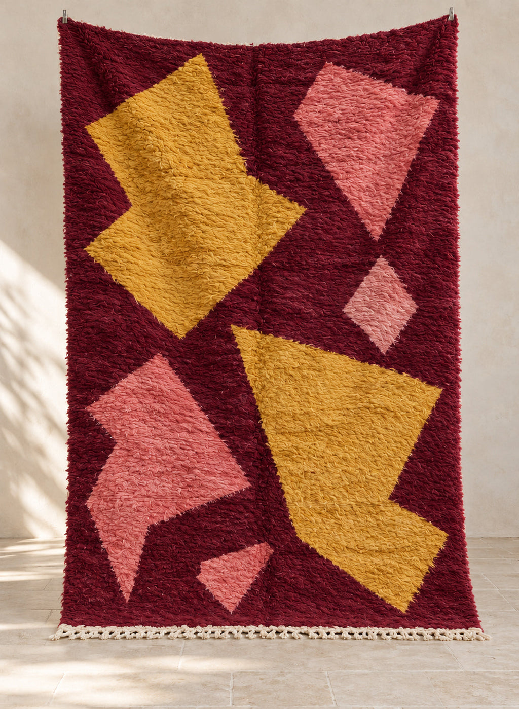 Burgundy Boujaad rug with mustard and pink shards, full view