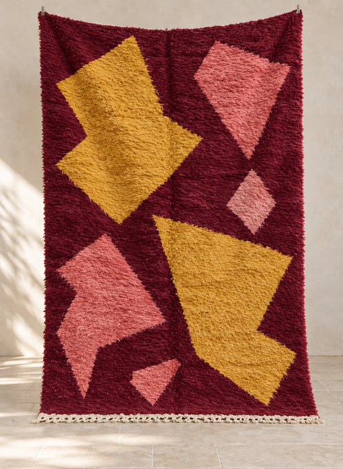 Burgundy Boujaad rug with mustard and pink shards, full view