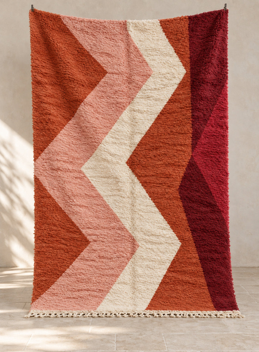 Terracotta Boujaad rug with a bold zigzag, full view