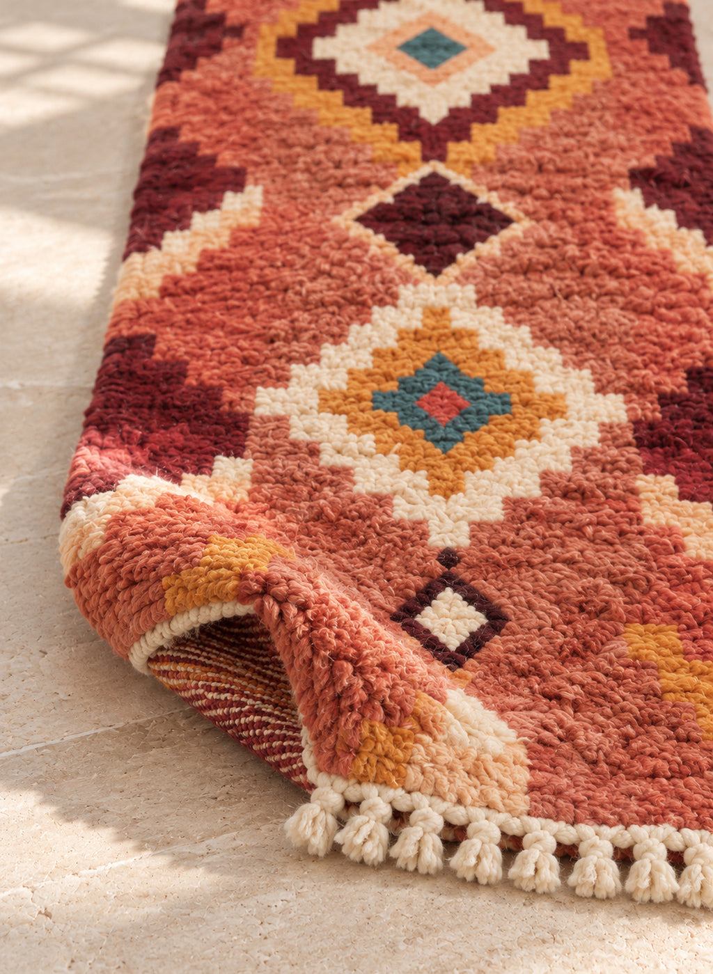 Folded Boujaad runner showing pile thickness