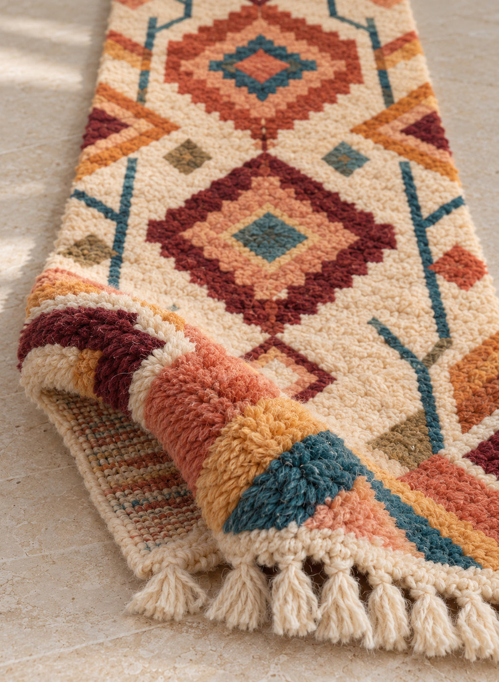 Folded Boujaad runner showing pile thickness