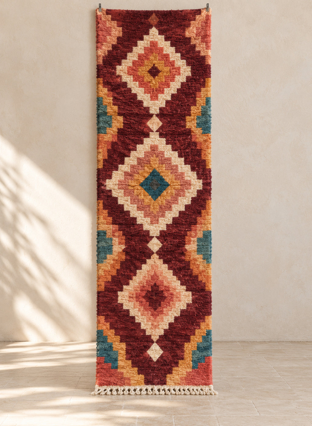 Burgundy Boujaad runner with coral and teal diamonds