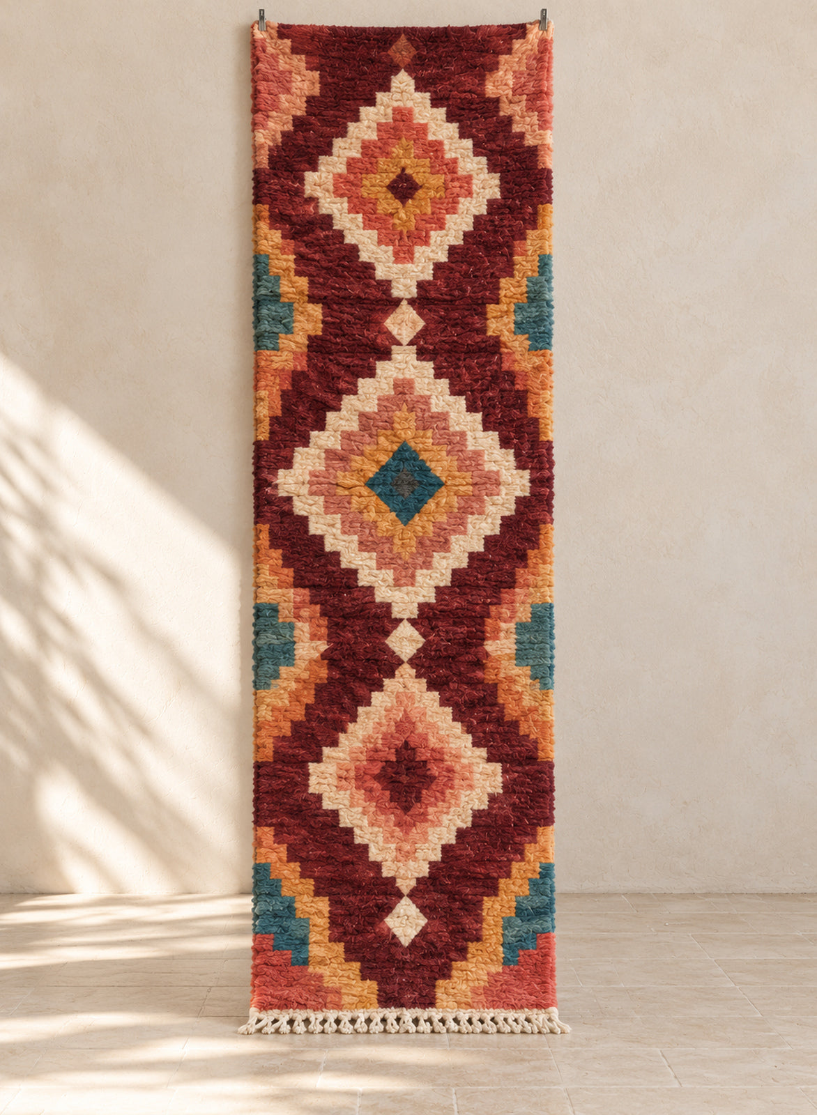 Burgundy Boujaad runner with coral and teal diamonds