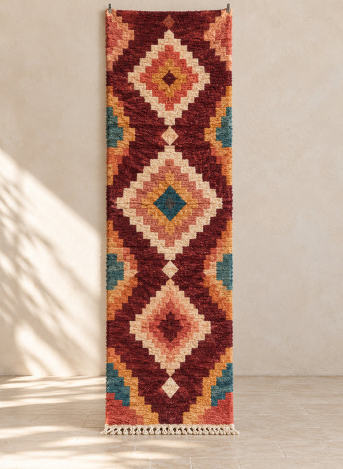 Burgundy Boujaad runner with coral and teal diamonds