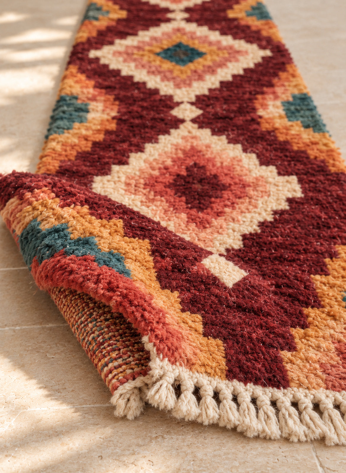 Folded Boujaad runner showing pile thickness