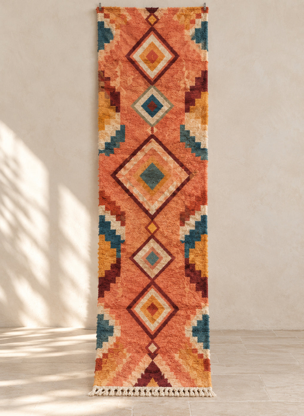 Orange Boujaad runner with teal and mustard diamonds