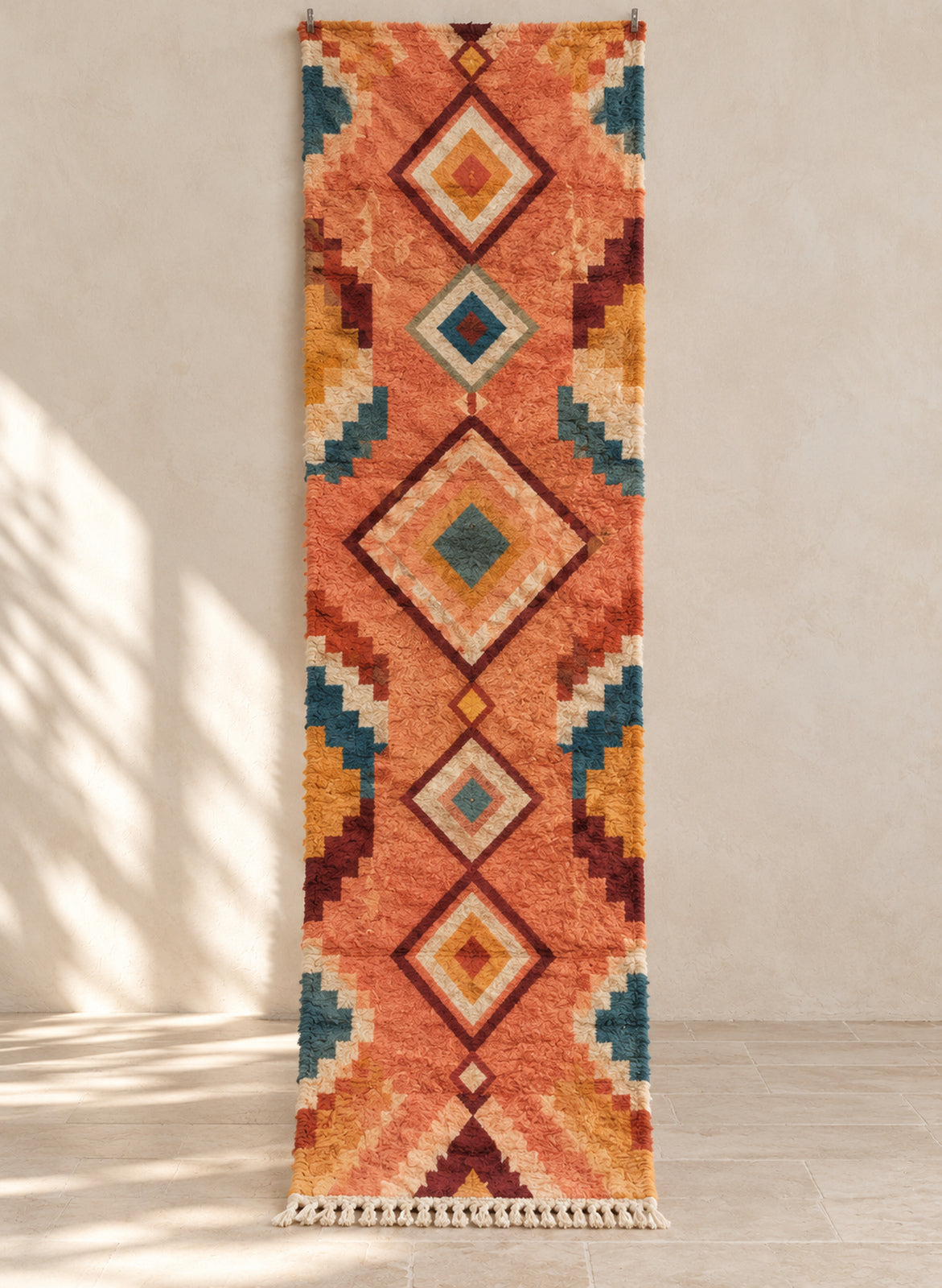 Orange Boujaad runner with teal and mustard diamonds