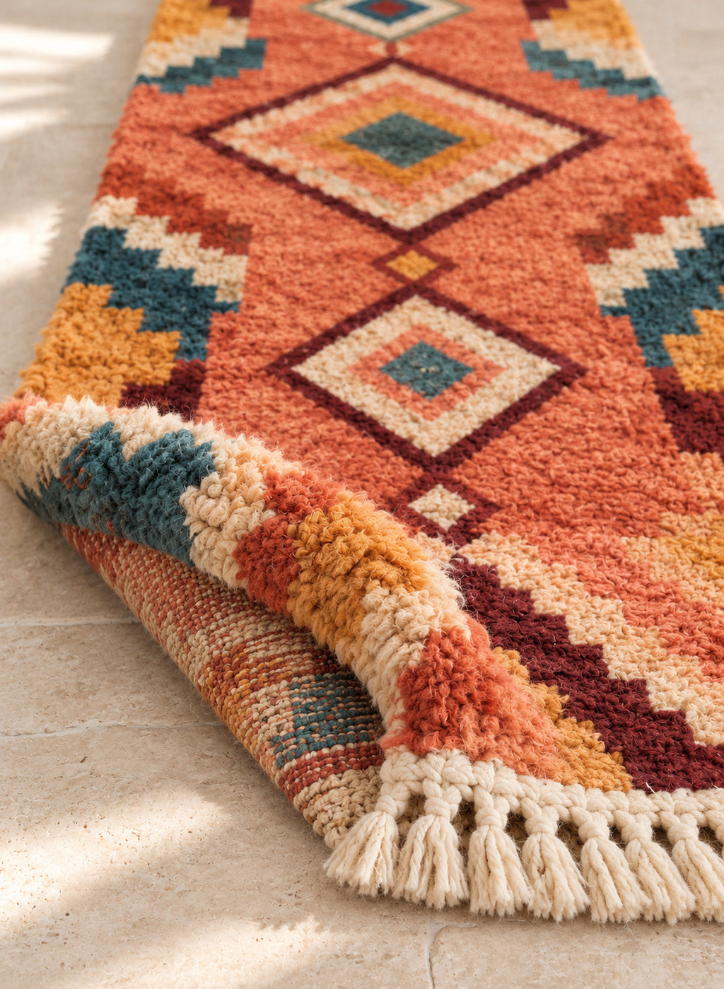 Folded Boujaad runner showing pile thickness