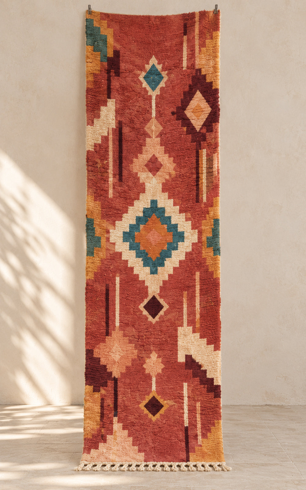 Red Boujaad runner with stepped diamonds and cream shards