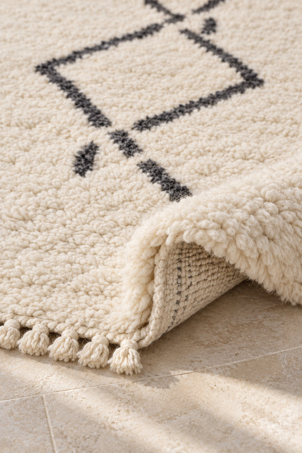 Thick pile of Beni Ourain rug model 01 on a folded corner