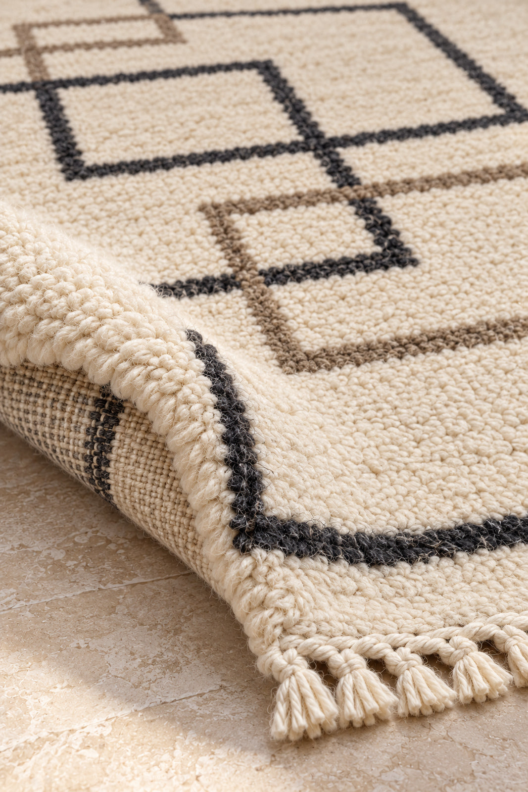 Thick pile of Beni Ourain rug model 08 on a folded corner