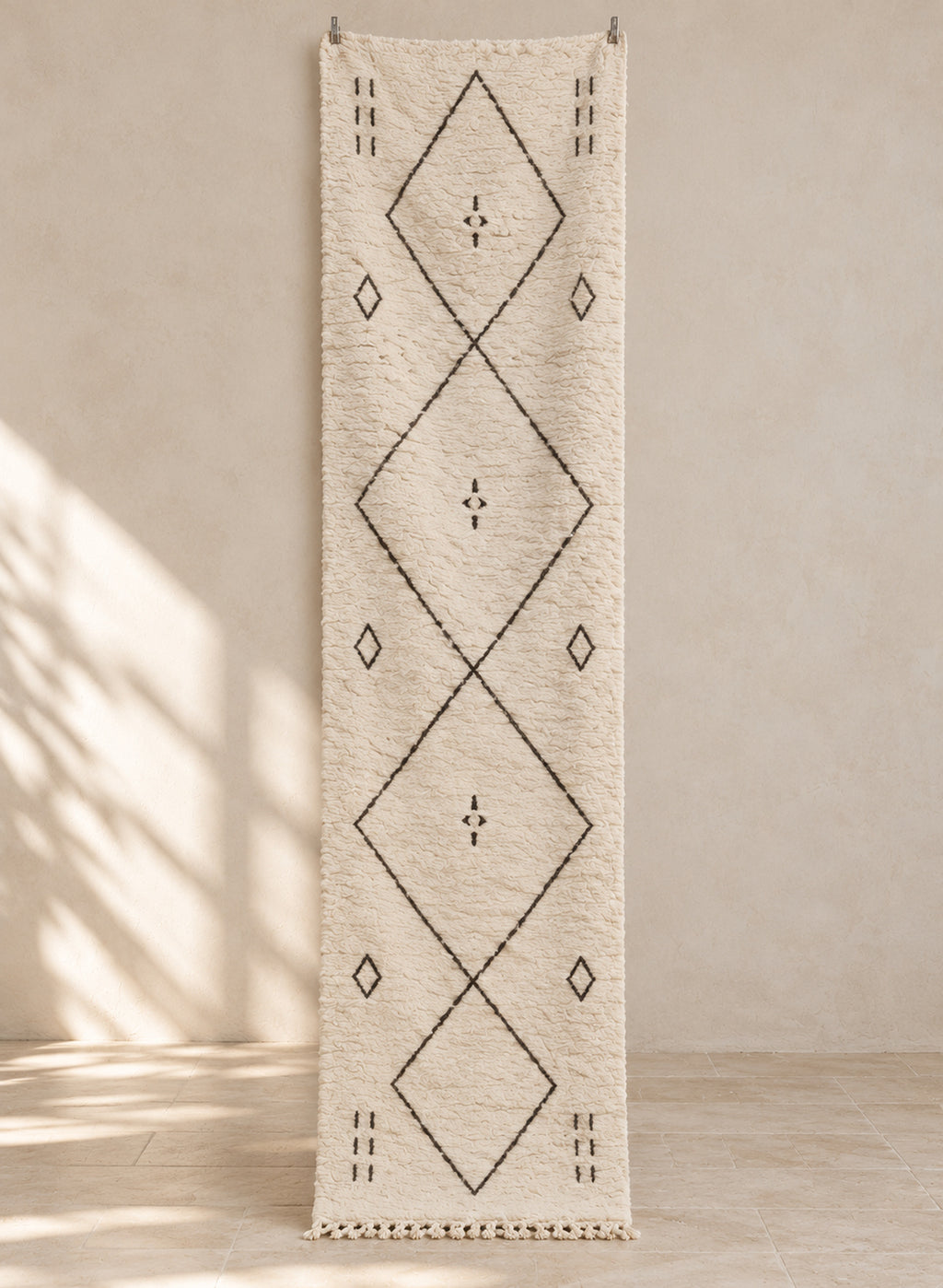 Ivory Beni Ourain runner with a charcoal diamond chain
