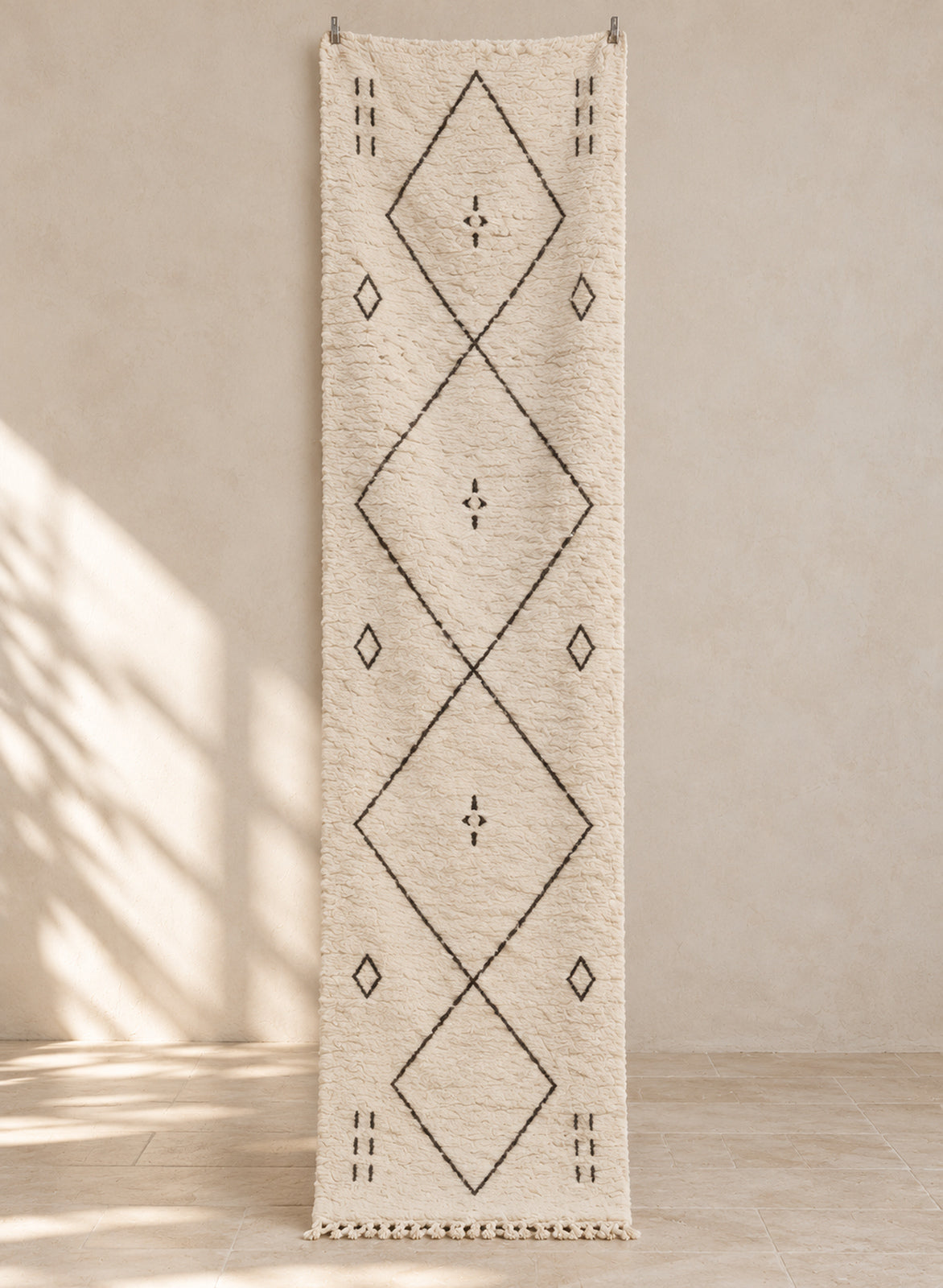 Ivory Beni Ourain runner with a charcoal diamond chain