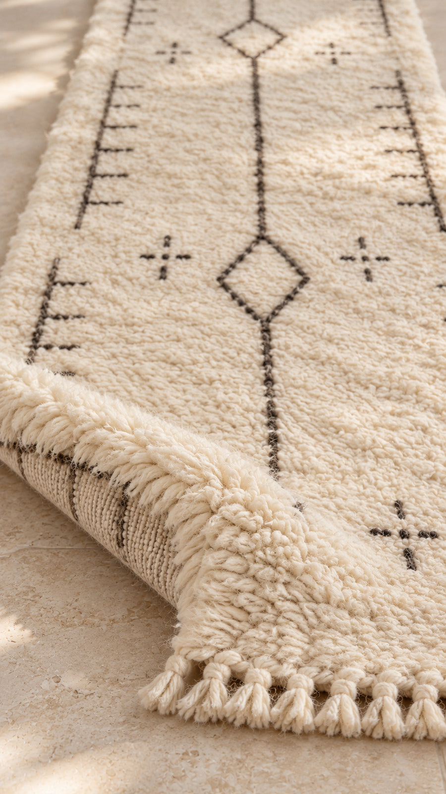 Folded Beni Ourain runner showing pile thickness
