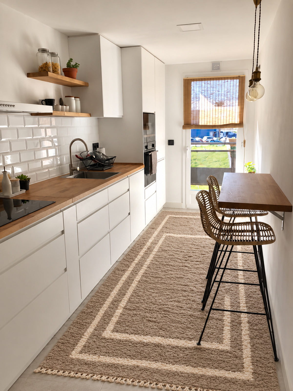 Taupe Beni Ourain rug with an ivory double frame in a styled interior