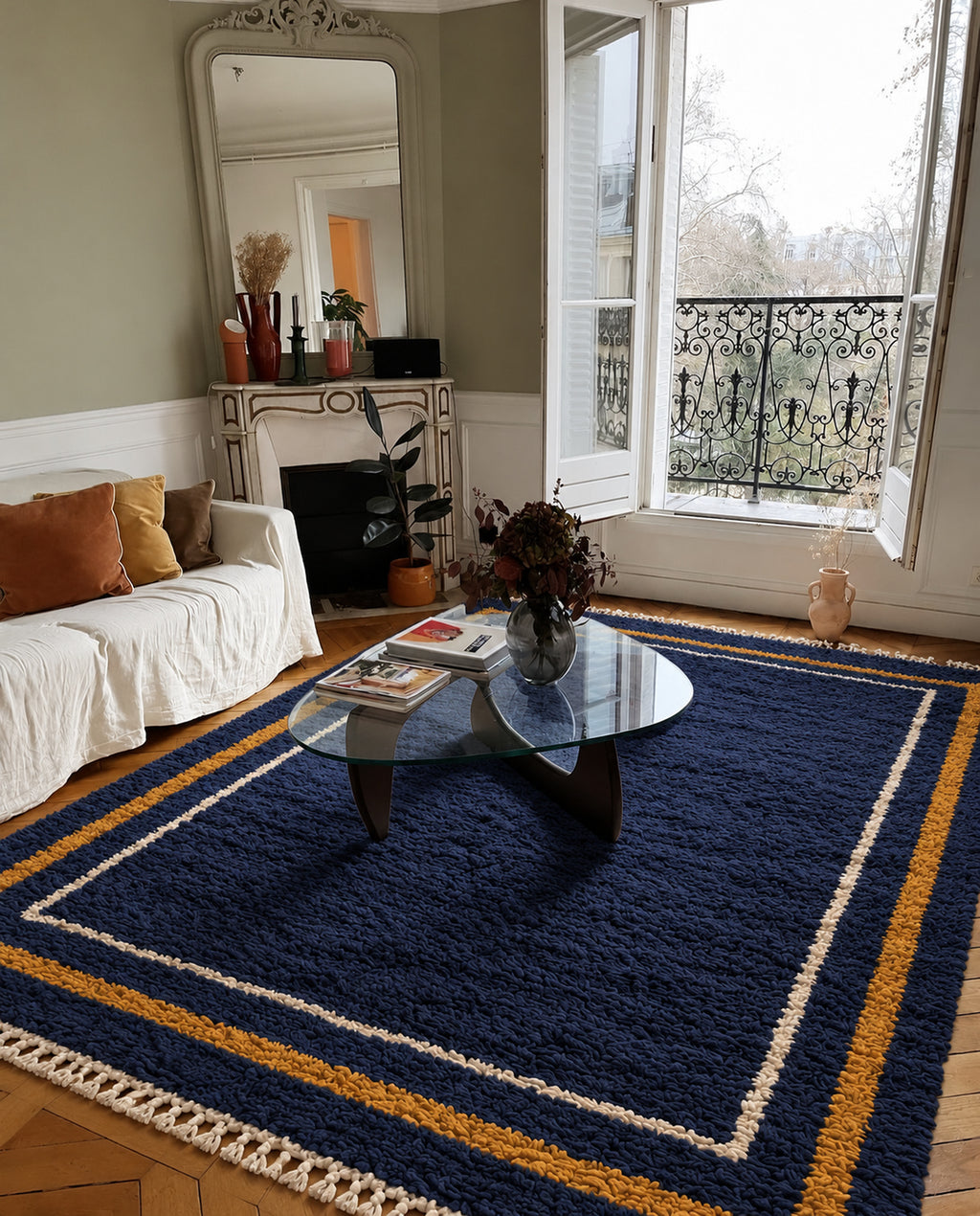 Navy Beni Ourain rug with a mustard and ivory frame in a styled interior