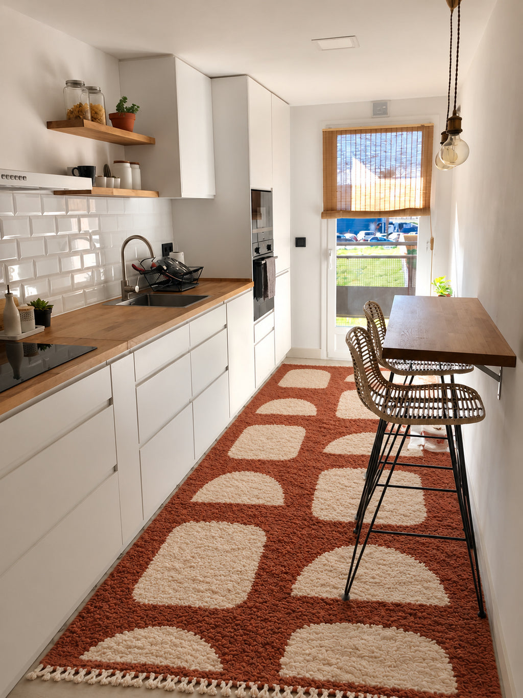 Rust Beni Ourain rug with ivory arches and windows in a styled interior