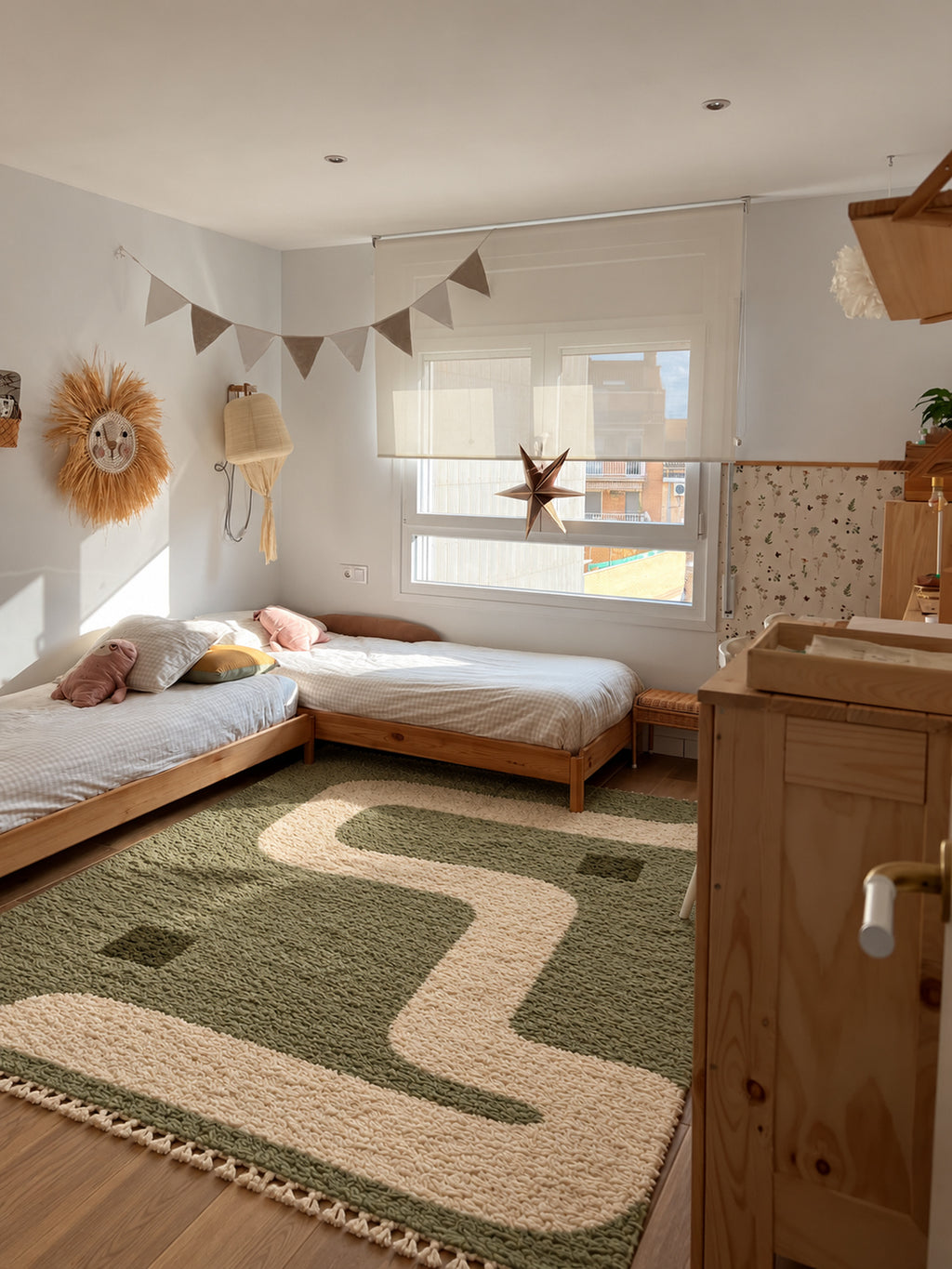 Sage Beni Ourain rug with an ivory serpentine in a styled interior