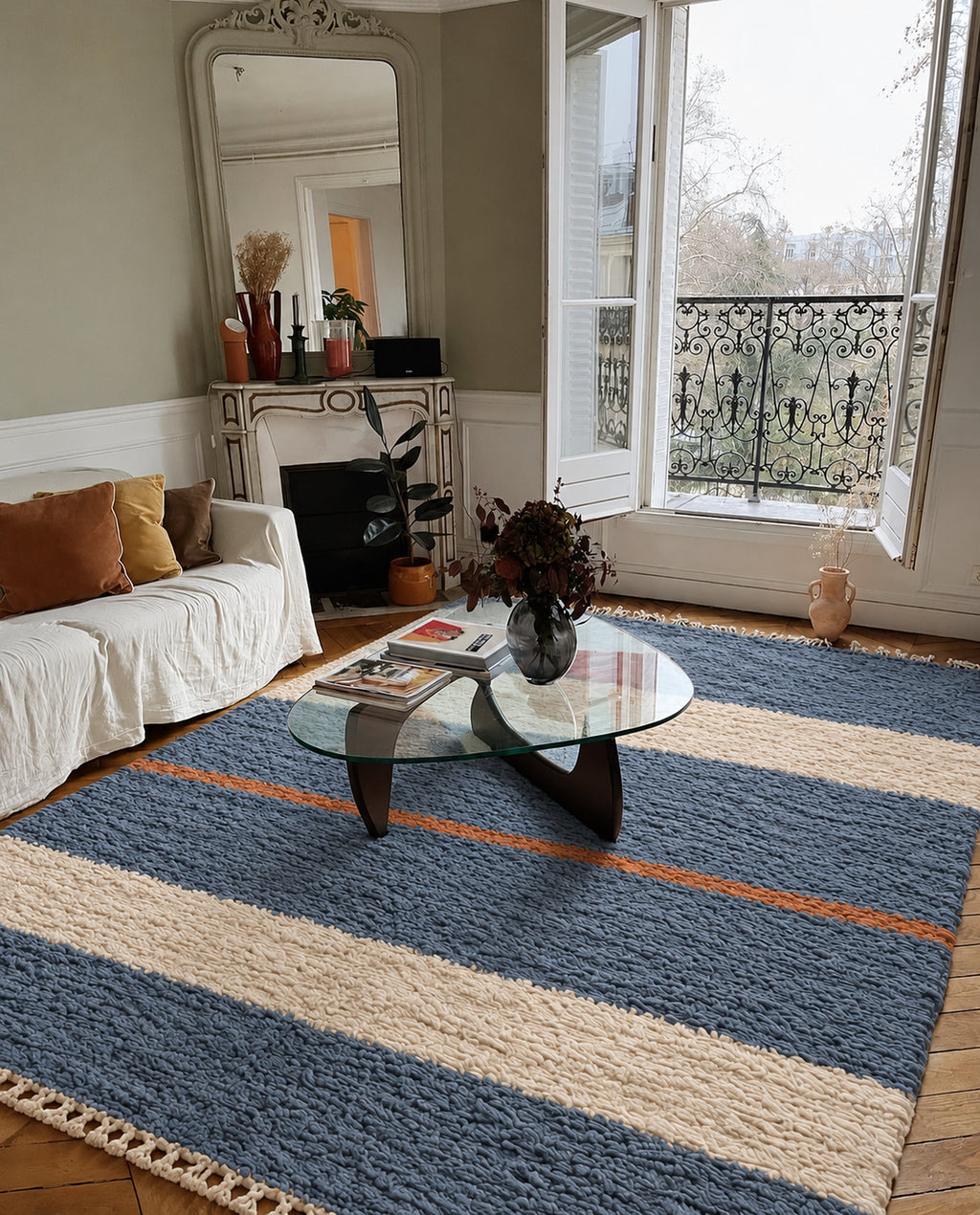 Blue Beni Ourain rug with ivory and rust bands in a styled interior
