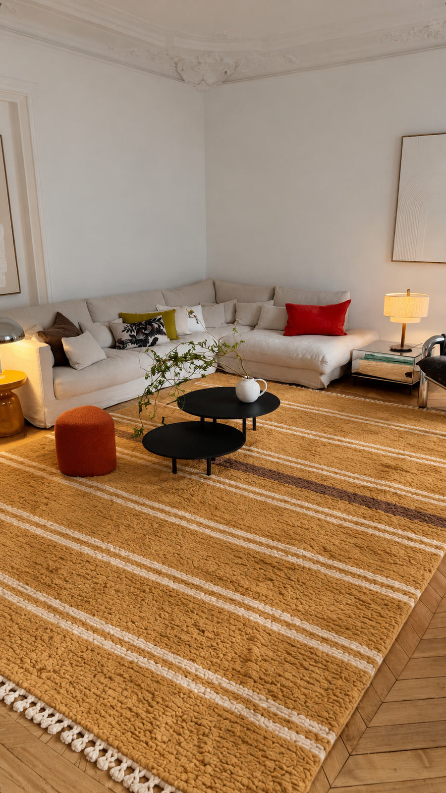Mustard Beni Ourain rug with brown and ivory stripes in a styled interior