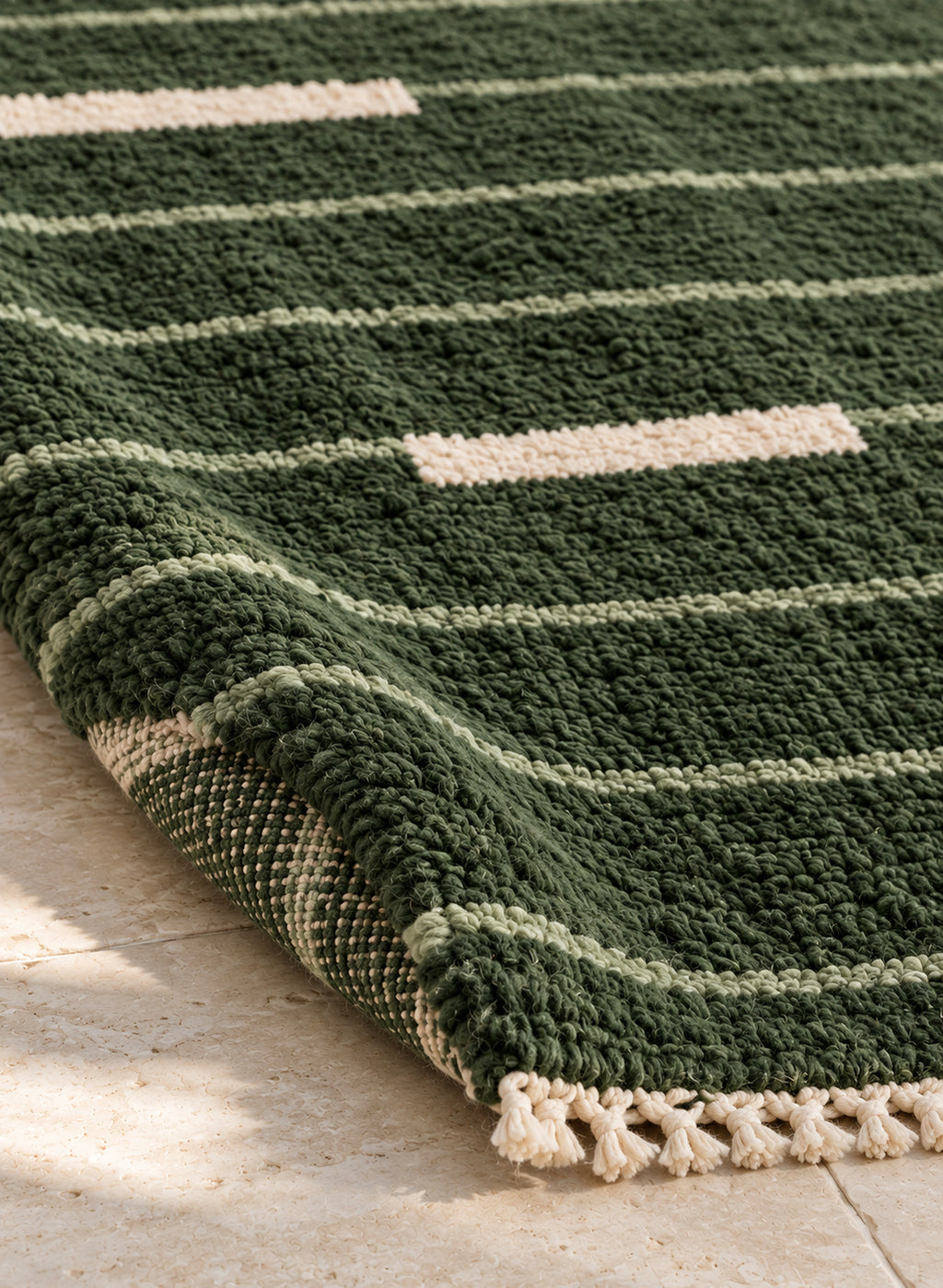 Thick pile of Beni Ourain rug model BWO-17 on a folded corner