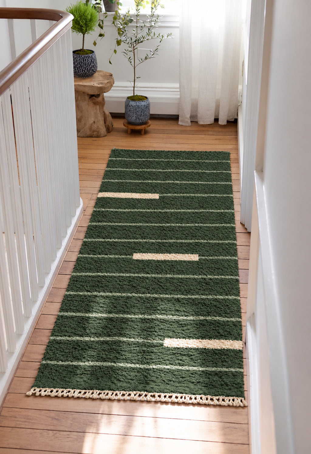 Forest Green Beni Ourain rug with ivory broken lines in a styled interior