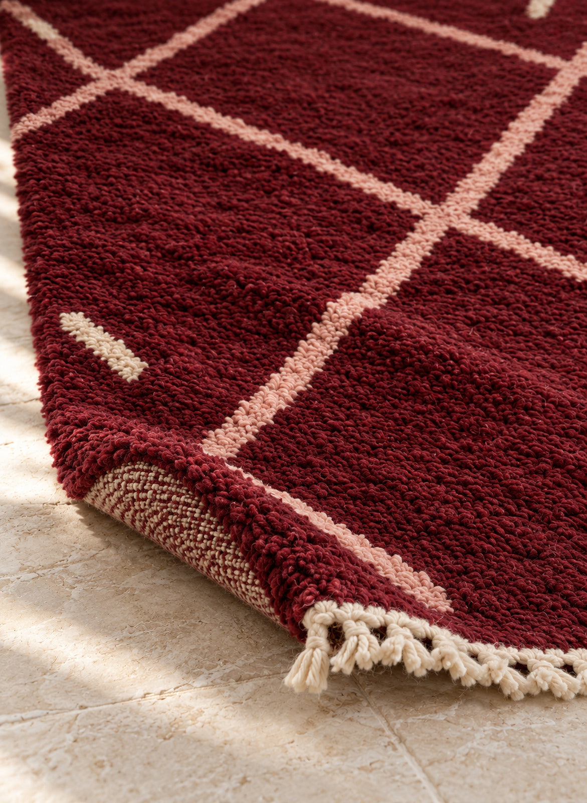 Thick pile of Beni Ourain rug model BWO-22 on a folded corner