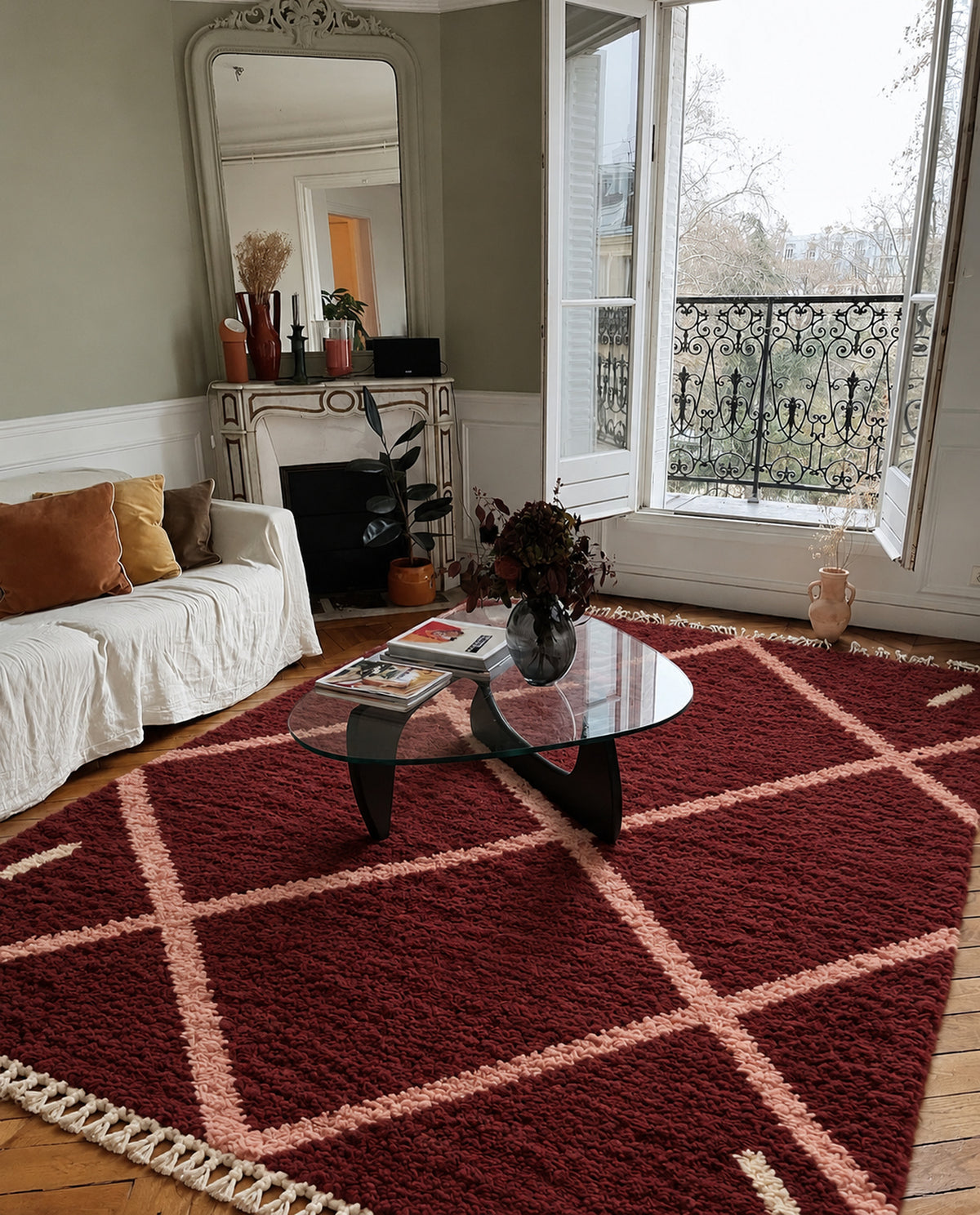 Burgundy Beni Ourain rug with a pink diamond lattice in a styled interior