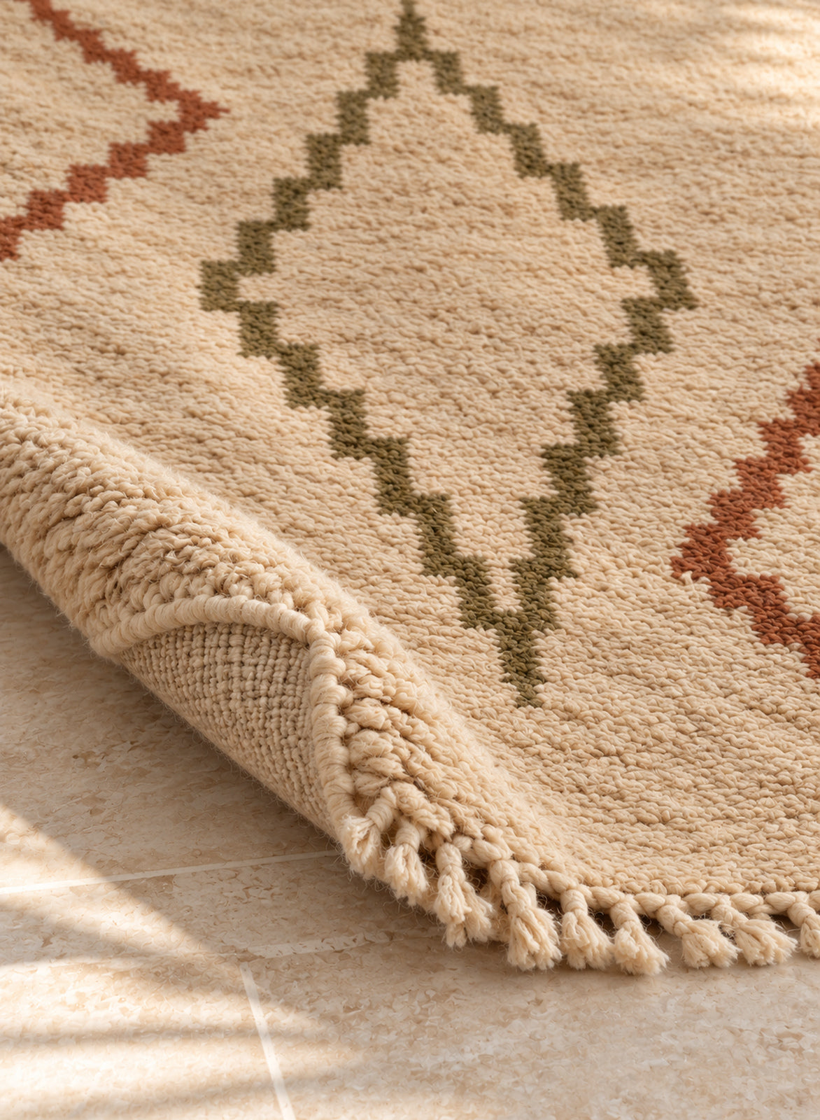Thick pile of Beni Ourain rug model BWO-23 on a folded corner