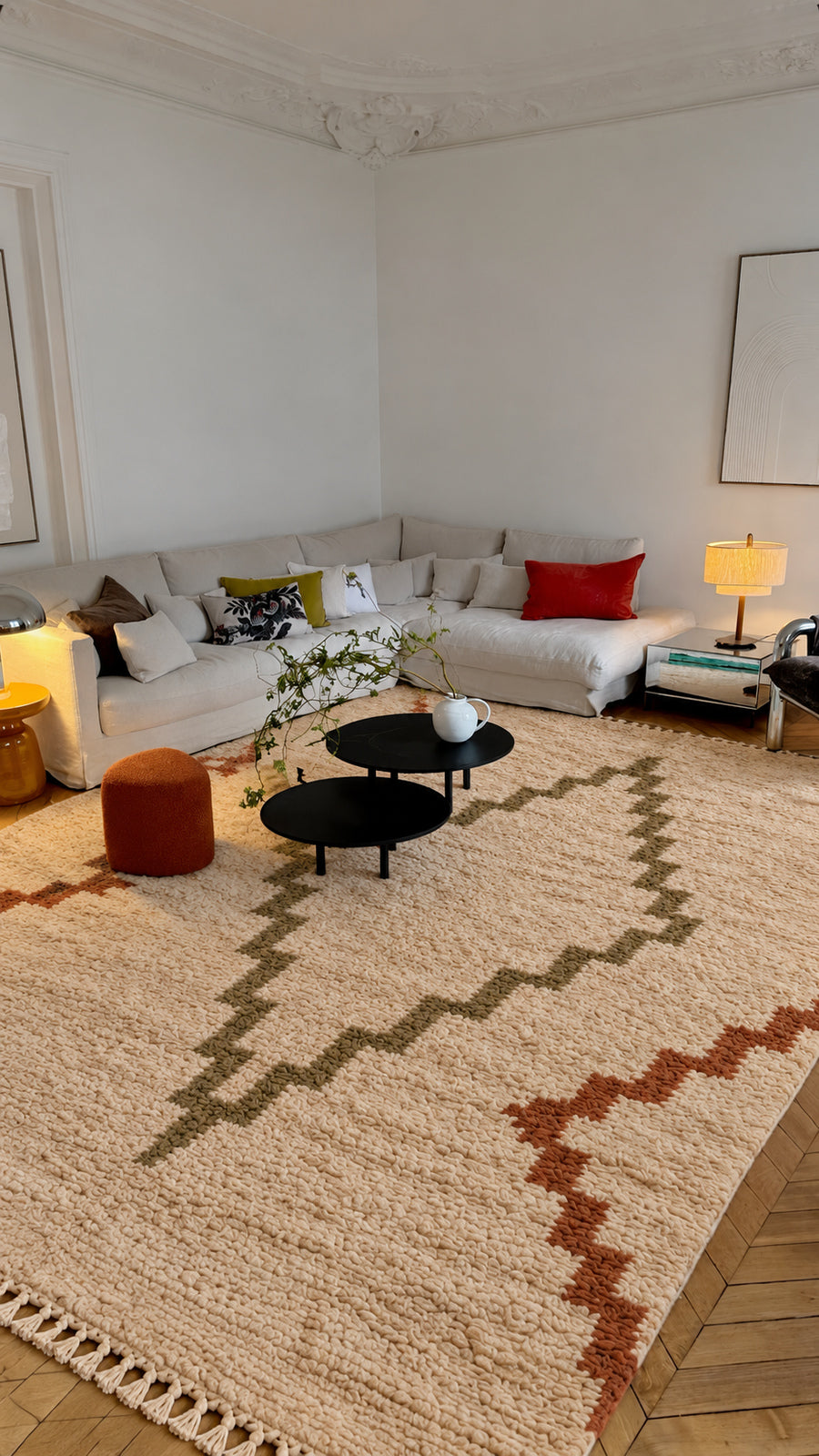 Beige Beni Ourain rug with a stepped diamond medallion in a styled interior