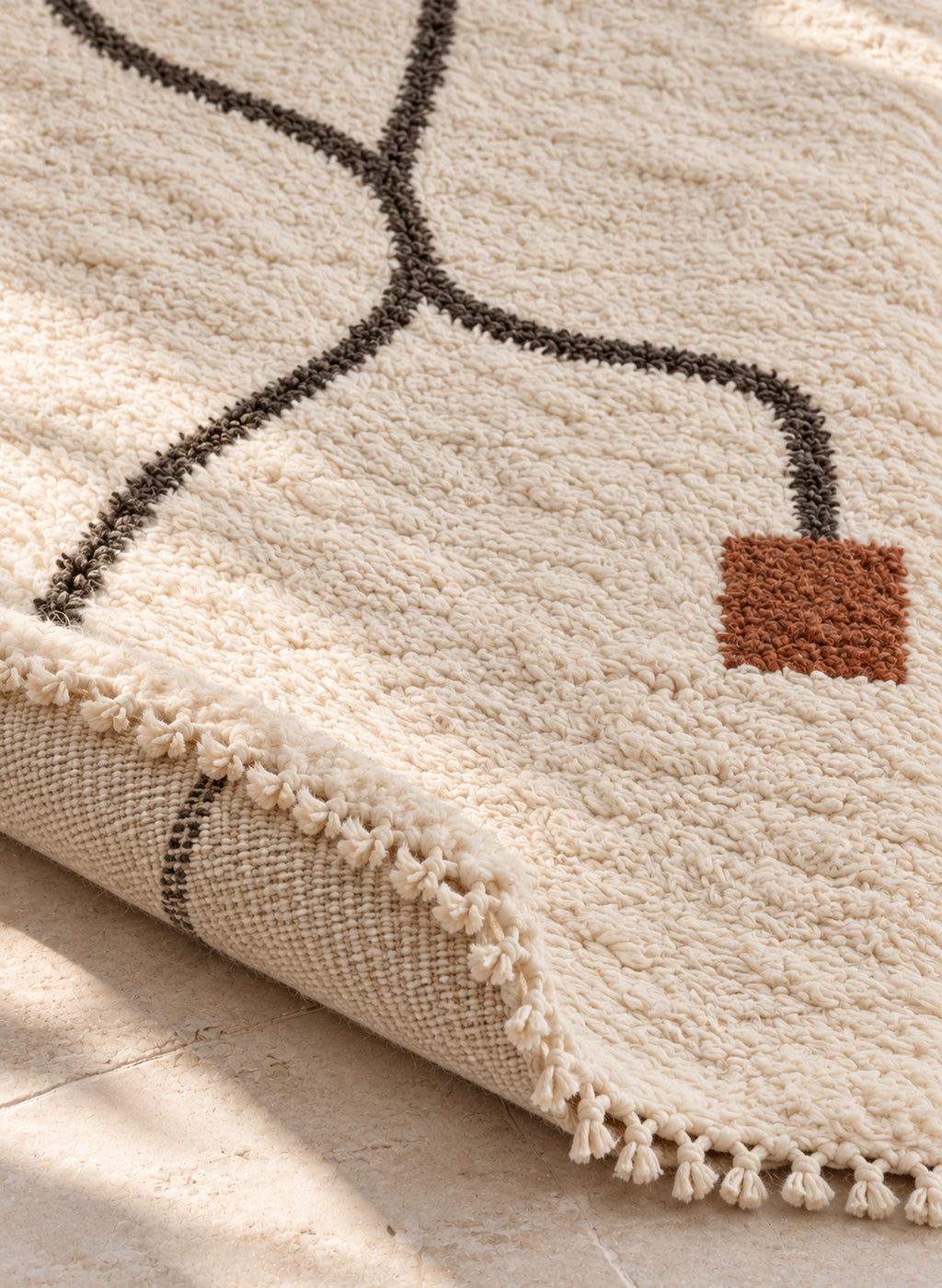 Thick pile of Beni Ourain rug model BWO-25 on a folded corner