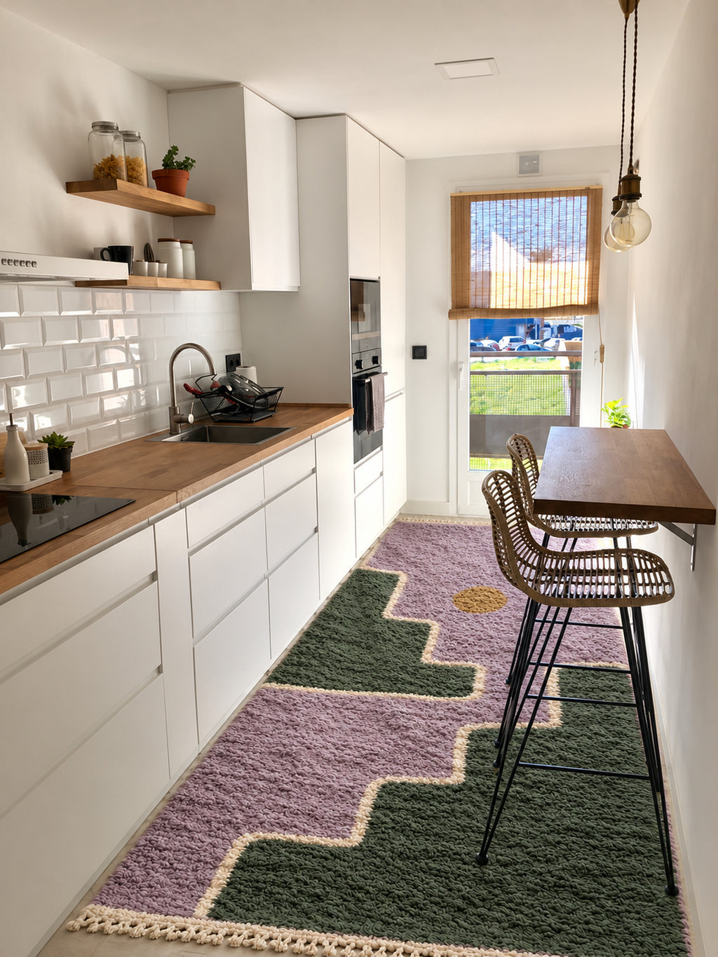 Lavender Beni Ourain rug with a green staircase and a golden sun in a styled interior