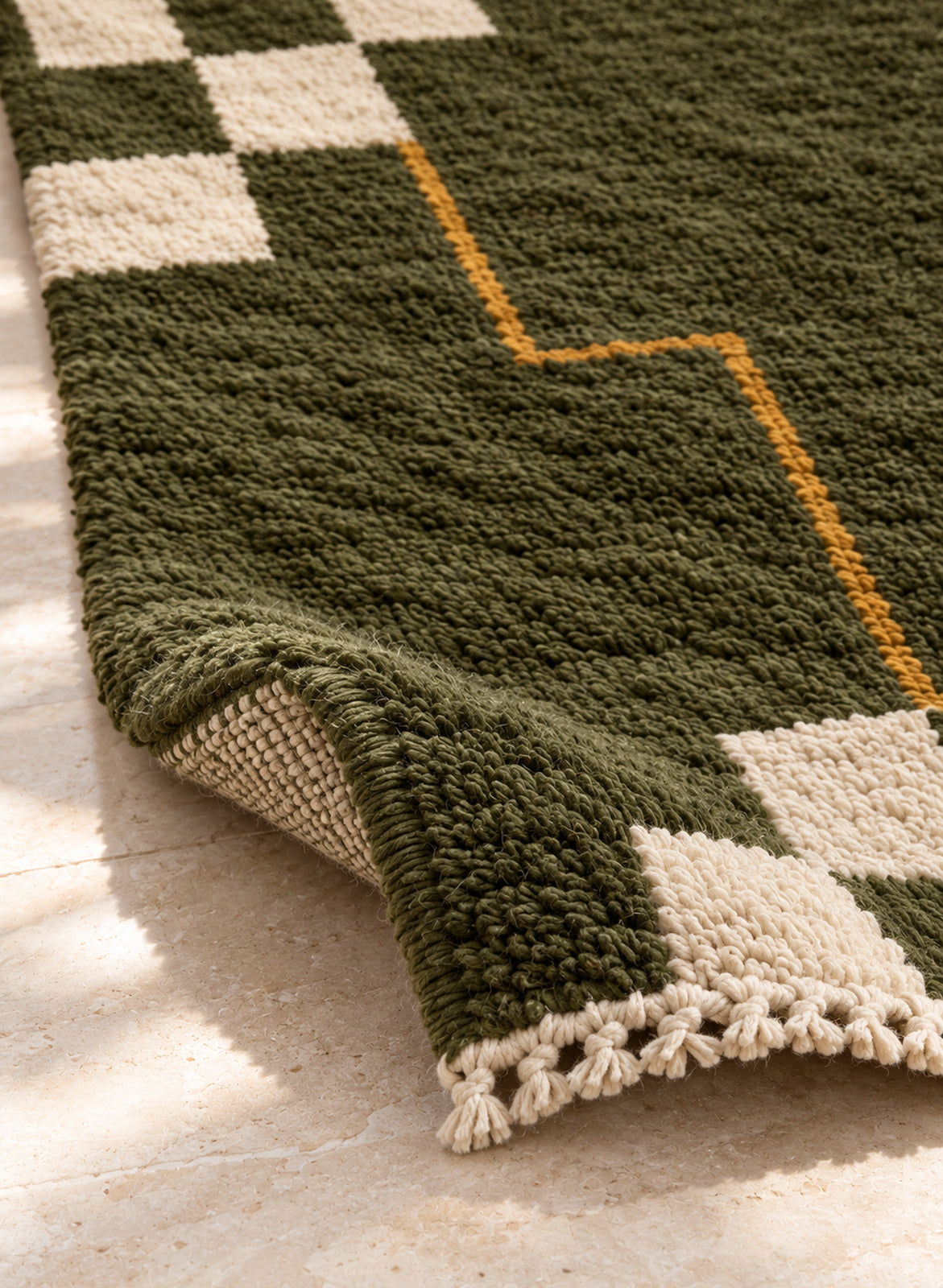 Thick pile of Beni Ourain rug model BWO-29 on a folded corner