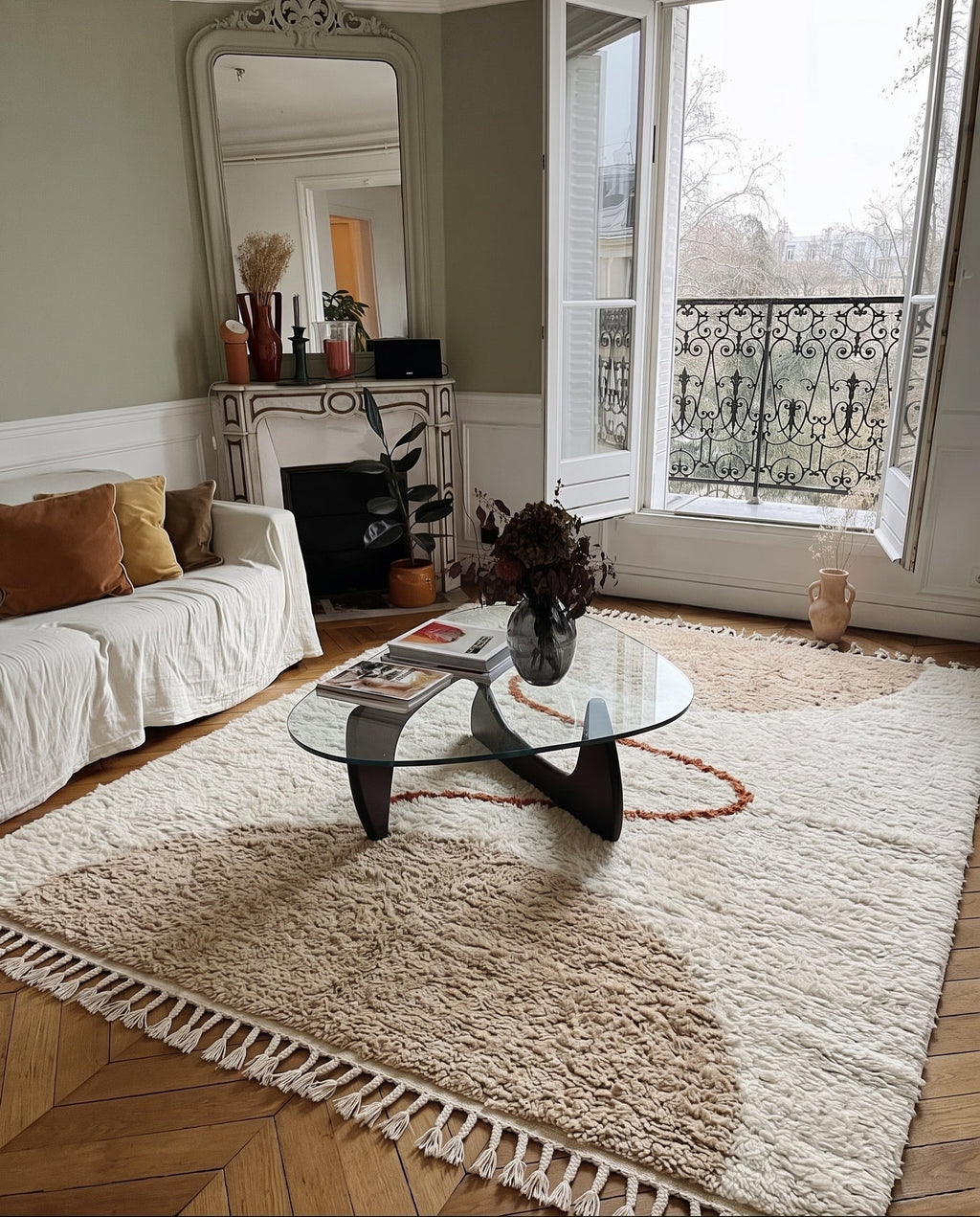 Sand Mrirt rug model 09 with a fine terracotta line in a living room