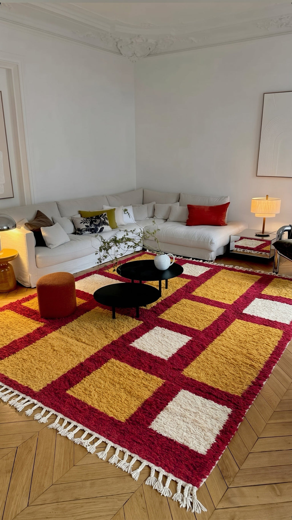 Raspberry Tamimt Boujaad rug in a Parisian living room