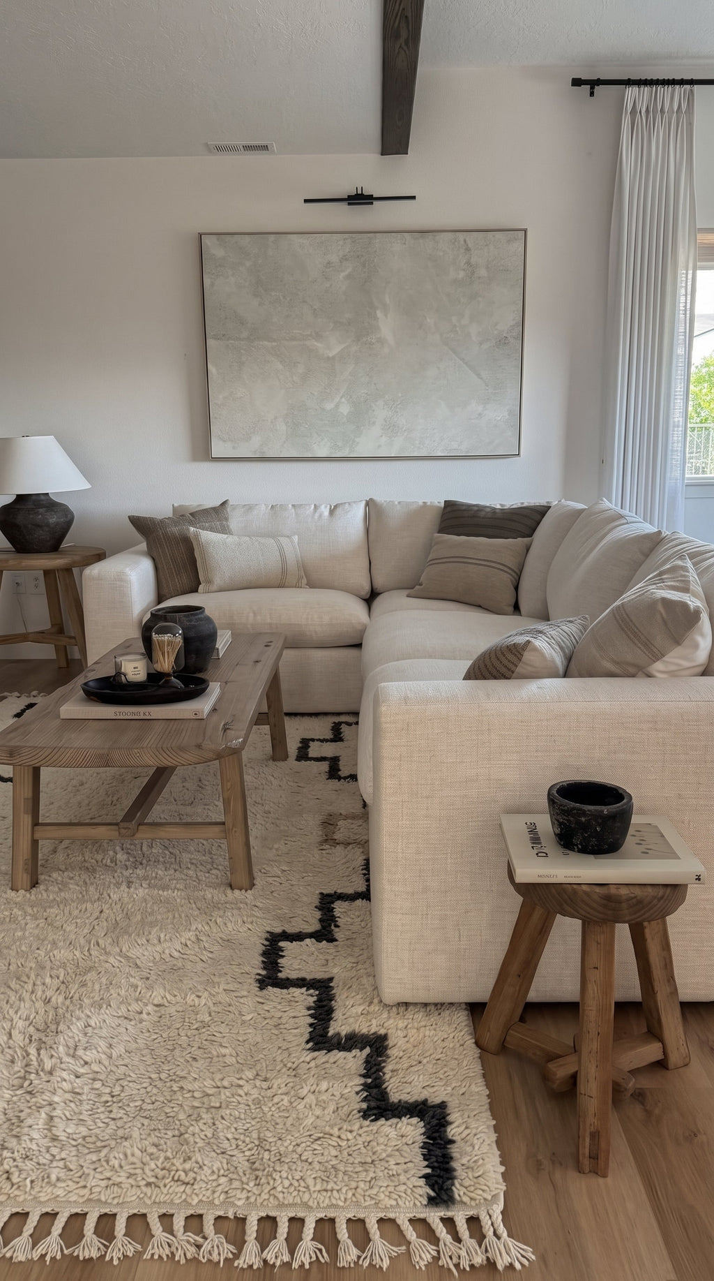 Ivory Beni Ourain rug with stepped lines in a living room
