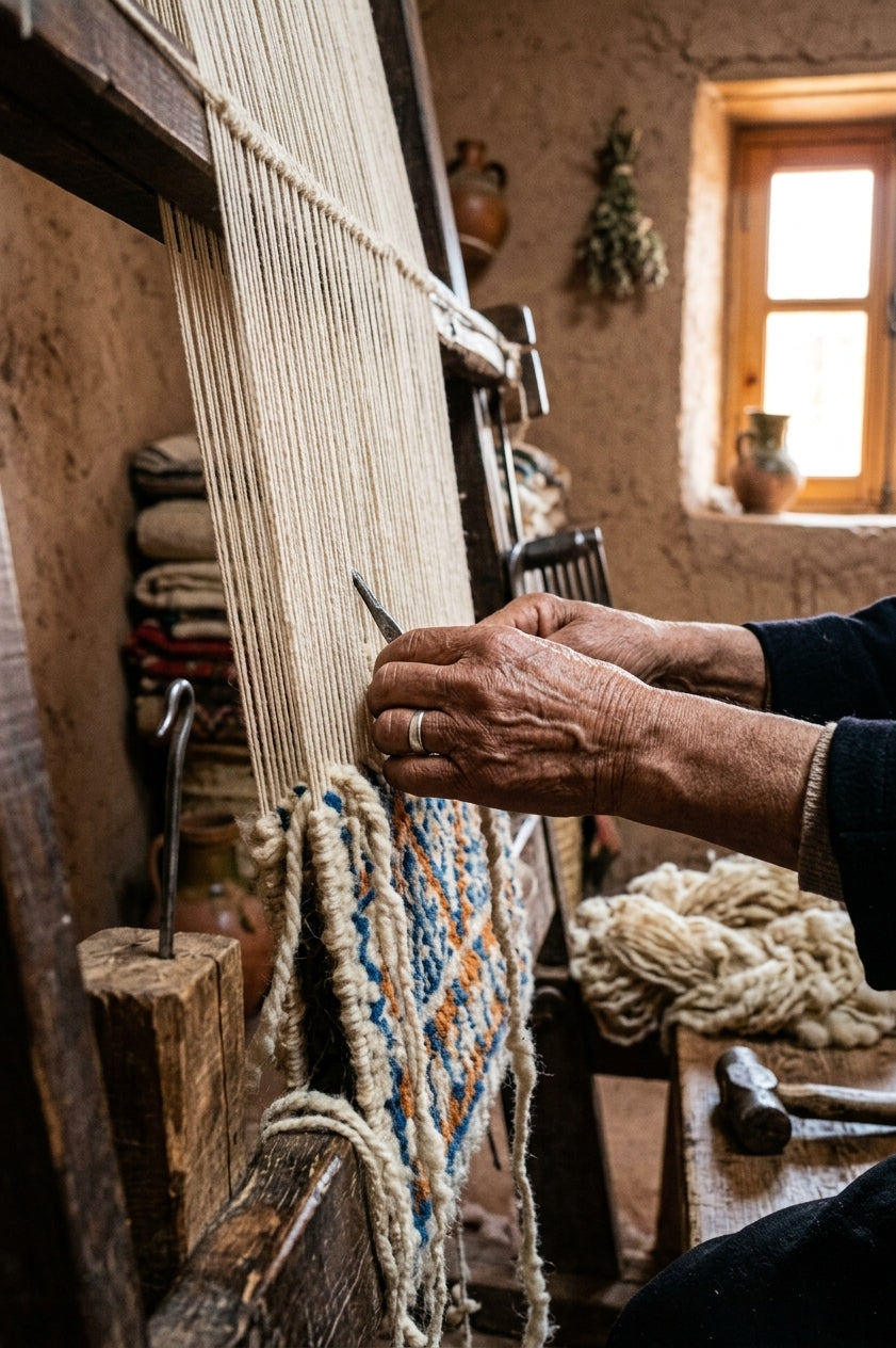 Mains d'une tisserande nouant un tapis berbère sur un métier traditionnel